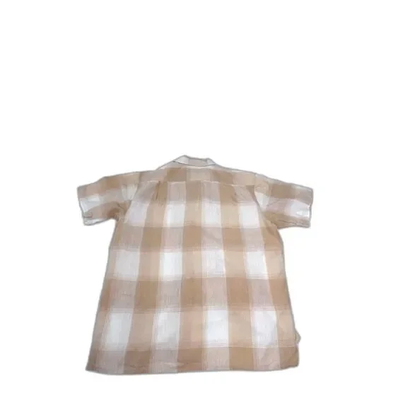 100% Linen Uomo plaid sand and beige open collar short sleeve shirt, XL - Picture 4 of 5